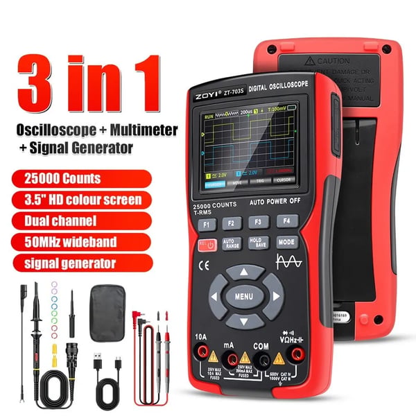 ZT703S - 3-in-1 Yleismittari & Kaksikanavainen Oskilloskooppi - 50 MHz Kaistanleveys - 280 MS/s - PC-aaltomuotojen tallennus - Irrotettava akku