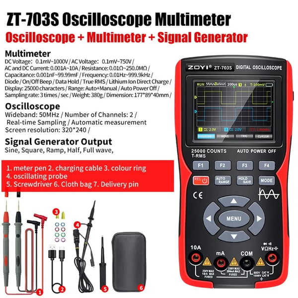 ZT703S - 3-in-1 Yleismittari & Kaksikanavainen Oskilloskooppi - 50 MHz Kaistanleveys - 280 MS/s - PC-aaltomuotojen tallennus - Irrotettava akku