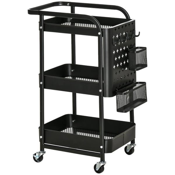 Köksvagn - Serveringsvagn - 3 hyllplan - Med hjul - 4 krokar - Stål & PP - 51,5 x 32 x 75,6 cm - Montering krävs - Svart