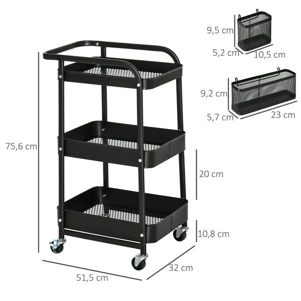 Köksvagn - Serveringsvagn - 3 hyllplan - Med hjul - 4 krokar - Stål & PP - 51,5 x 32 x 75,6 cm - Montering krävs - Svart