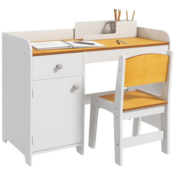 Barnskrivbord med stol - Set - Trä - 80×39×59 cm - Minimalistisk Design - Montering Krävs - Vit