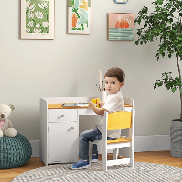 Barnskrivbord med stol - Set - Trä - 80×39×59 cm - Minimalistisk Design - Montering Krävs - Vit