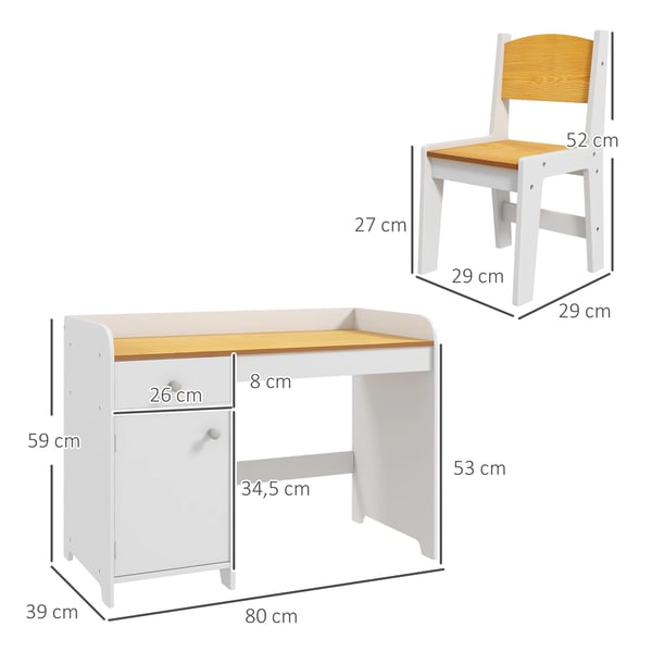 Barnskrivbord med stol - Set - Trä - 80×39×59 cm - Minimalistisk Design - Montering Krävs - Vit