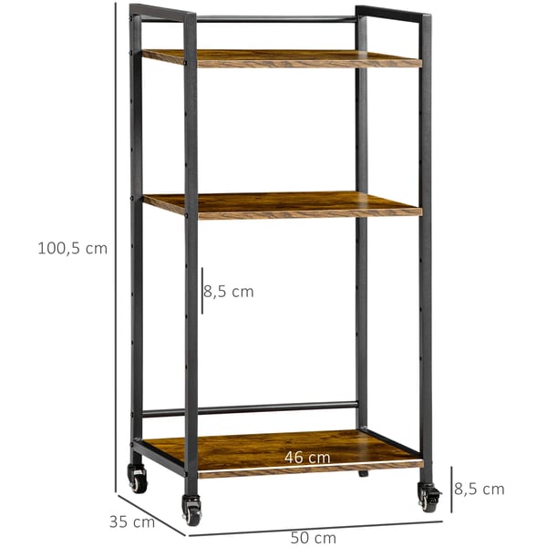 Förvaringsvagn - Bokhylla - 3 justerbara hyllor - 50 x 35 x 100,5 cm - Stål & melamin - Rustik brun