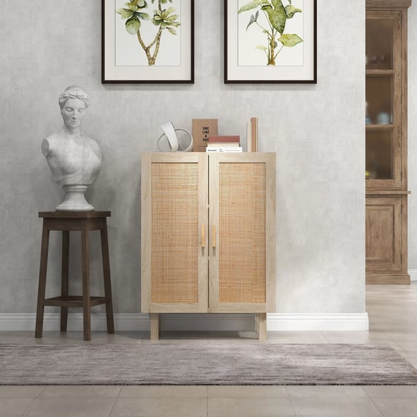 Vardagsrumsskåp - Förvaringsskåp - 2 rottingdörrar - Justerbara hyllor - 73×41×102 cm - Melaminbelagt trä - Modern stil - Gul