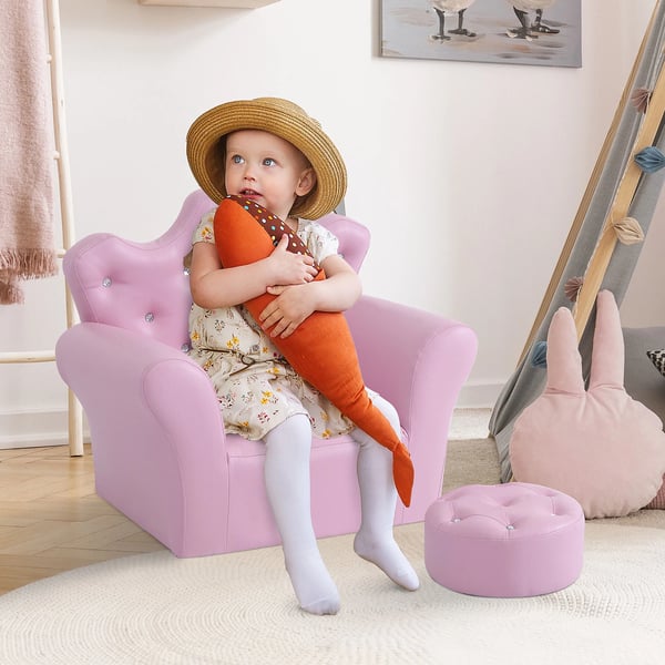 Barnfåtölj med fotpall - Hög rygg i kronform - Fristående design - 58 x 40,5 x 49 cm - Rosa