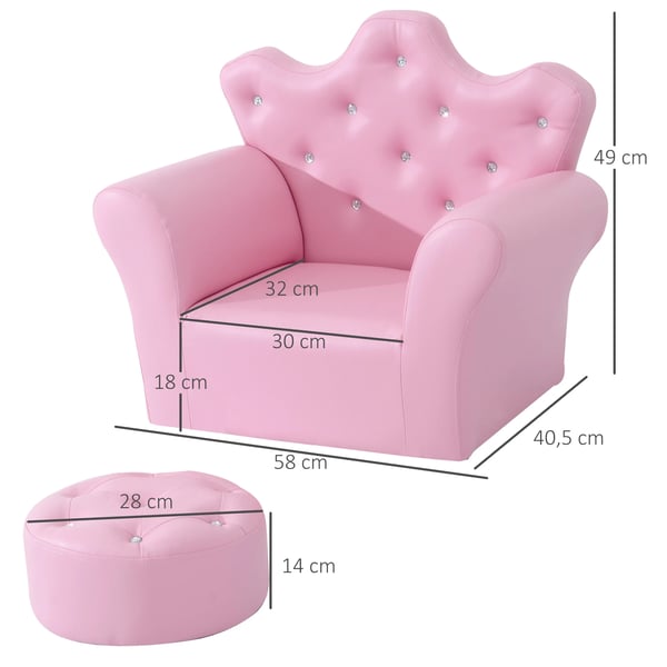 Barnfåtölj med fotpall - Hög rygg i kronform - Fristående design - 58 x 40,5 x 49 cm - Rosa