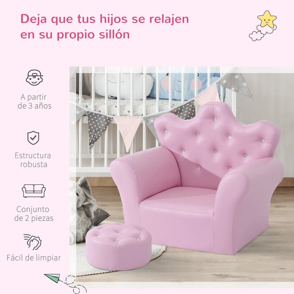 Barnfåtölj med fotpall - Hög rygg i kronform - Fristående design - 58 x 40,5 x 49 cm - Rosa