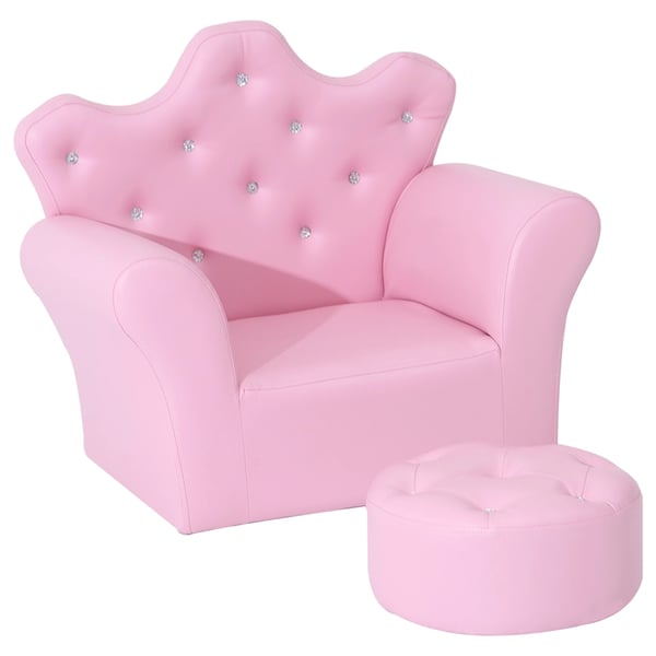 Barnfåtölj med fotpall - Hög rygg i kronform - Fristående design - 58 x 40,5 x 49 cm - Rosa