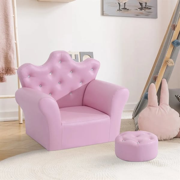Barnfåtölj med fotpall - Hög rygg i kronform - Fristående design - 58 x 40,5 x 49 cm - Rosa