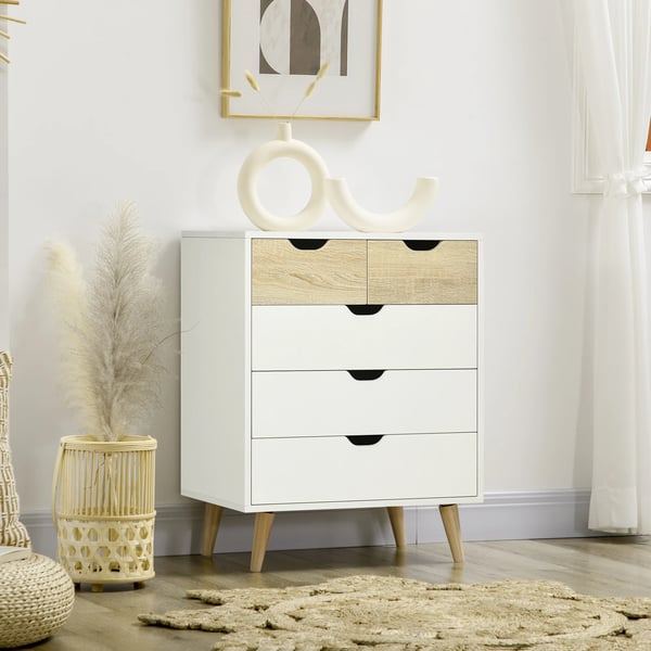 Byrå - Lådhurts - 5 Lådor - Upphöjda Ben - Modern Stil - 60 x 40 x 77,5 cm - Melamin & furu - Vit