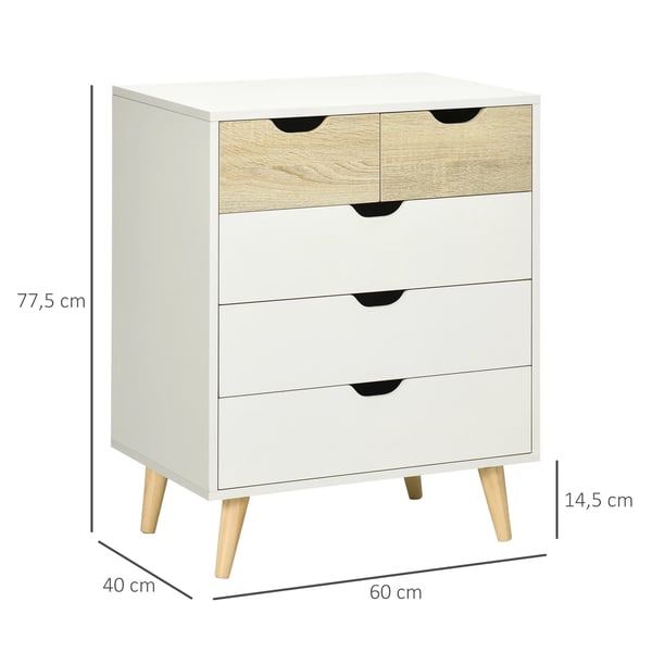 Byrå - Lådhurts - 5 Lådor - Upphöjda Ben - Modern Stil - 60 x 40 x 77,5 cm - Melamin & furu - Vit