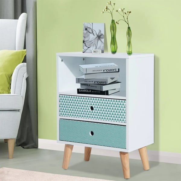 Sängbord - Nattduksbord - 2 Lådor - 1 Vit Öppen Hylla - Trä - 45×30×65 cm