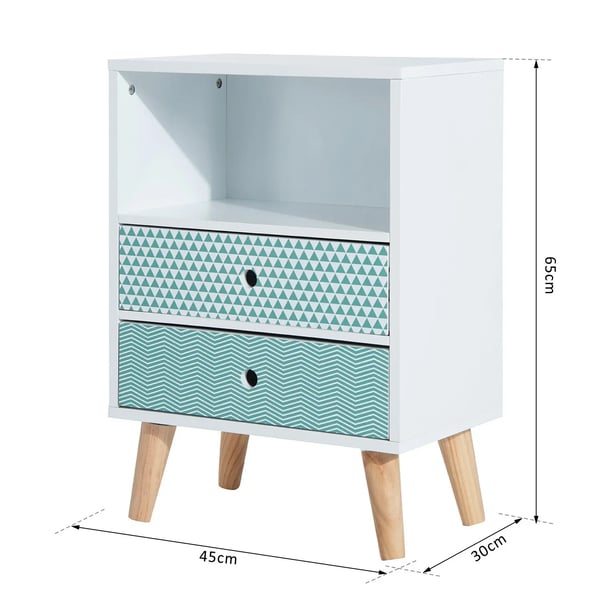 Sängbord - Nattduksbord - 2 Lådor - 1 Vit Öppen Hylla - Trä - 45×30×65 cm