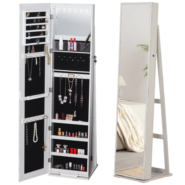 Smyckesskåp med spegel - Fristående - LED-belysning - Lås - 38 x 38 x 157 cm - MDF och glas - Vit