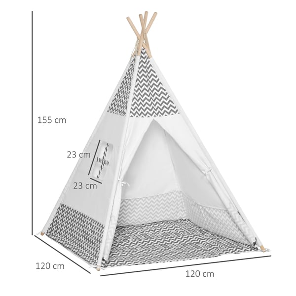 Barn lektält - Tipitält - Med matta och bärväska - Stomme i furu - Bomull/polyester - 120x120x155 cm - 3–6 år - Grå