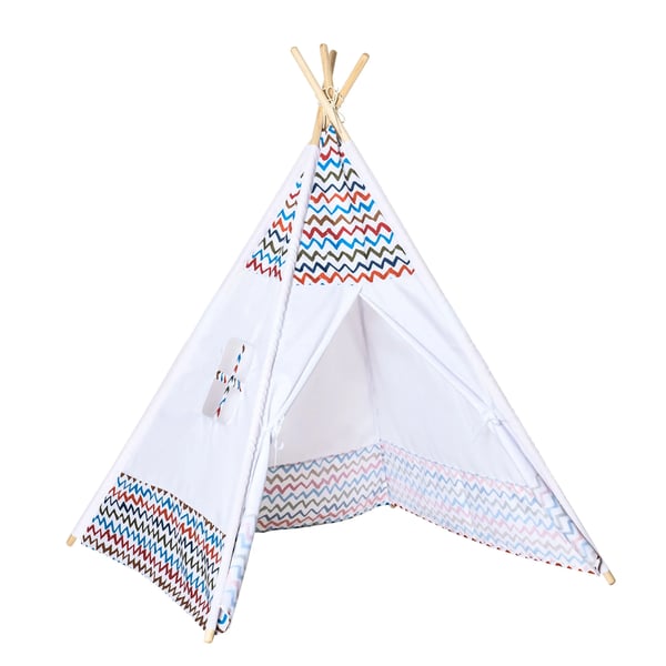 Barn lektält - Tipitält - Med matta - Med bärväska - Ram i furu - Polyester och bomull - 120x120x155 cm - Ålder 3–6 år - Vit