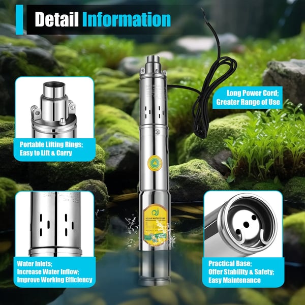 Solcelledrevet vandpumpe - Dykpumpe til dyb brønd - 24 V - 370 W - Løftehøjde 65 m - Rustfrit stål