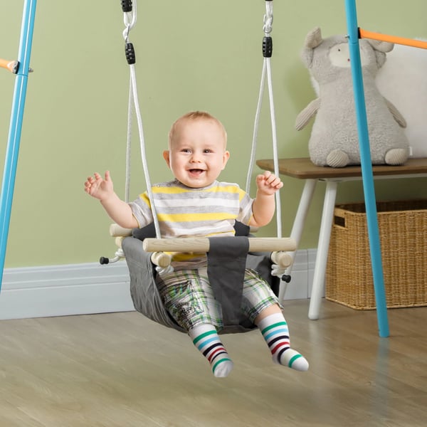 Babygunga - Hänggunga 9–36 månader - Justerbara rep - 40×40×110–180 cm - Bomullscanvas & trä - Mörkgrå