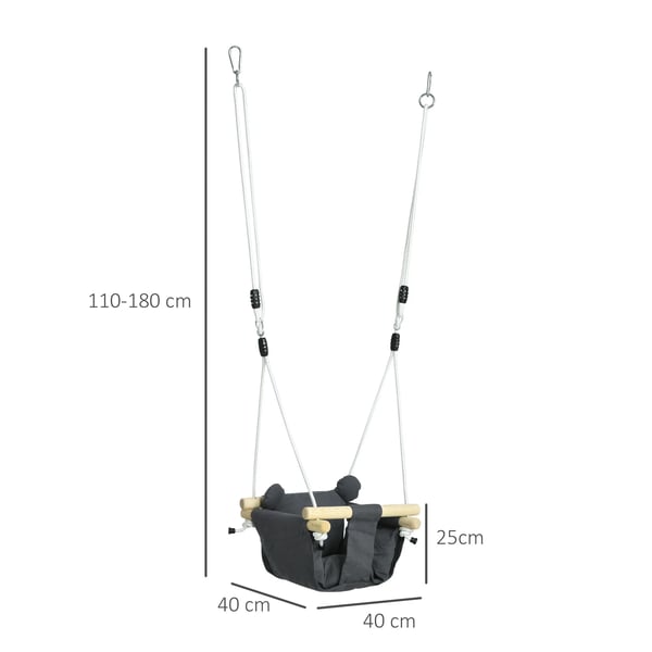 Babygunga - Hänggunga 9–36 månader - Justerbara rep - 40×40×110–180 cm - Bomullscanvas & trä - Mörkgrå
