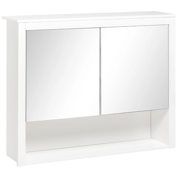 Väggskåp med spegel - Badrumsskåp - 2 Dörrar - Öppen Glasshylla - 80×20×65 cm - MDF/Melamin/Glas - Montering Krävs - Vit