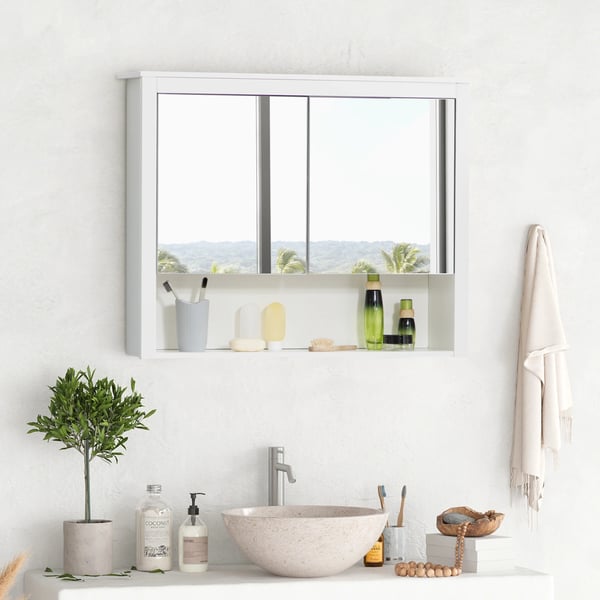 Väggskåp med spegel - Badrumsskåp - 2 Dörrar - Öppen Glasshylla - 80×20×65 cm - MDF/Melamin/Glas - Montering Krävs - Vit