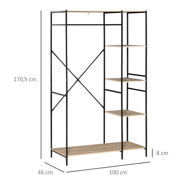 Klädställning - Klädhängare med 4 Hyllor - Hängstång - Fristående - Mått 100×46×170,5 cm