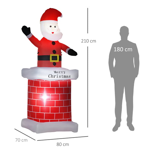 Uppblåsbar jultomte med kamin - Juldekoration - 2 LED-lampor - 80×70×210 cm - Polyester - Röd