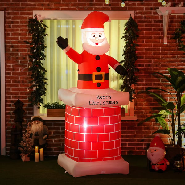 Uppblåsbar jultomte med kamin - Juldekoration - 2 LED-lampor - 80×70×210 cm - Polyester - Röd