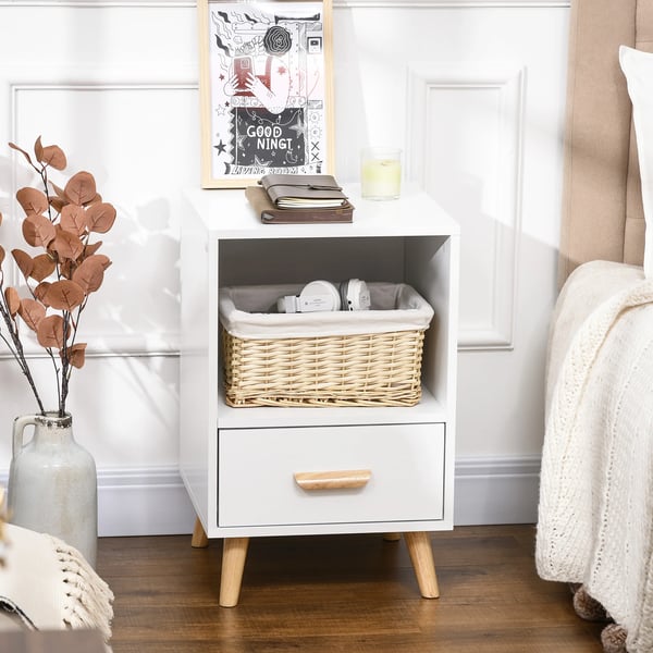 Sidobord - Nattduksbord - Med 1 låda och förvaringsfack - Antik stil - 40x40x62 cm - MDF & gummiträ - Vit