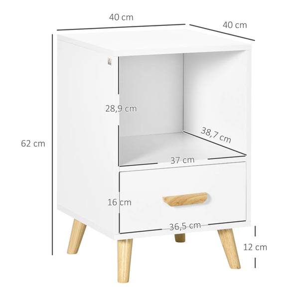 Sidobord - Nattduksbord - Med 1 låda och förvaringsfack - Antik stil - 40x40x62 cm - MDF & gummiträ - Vit