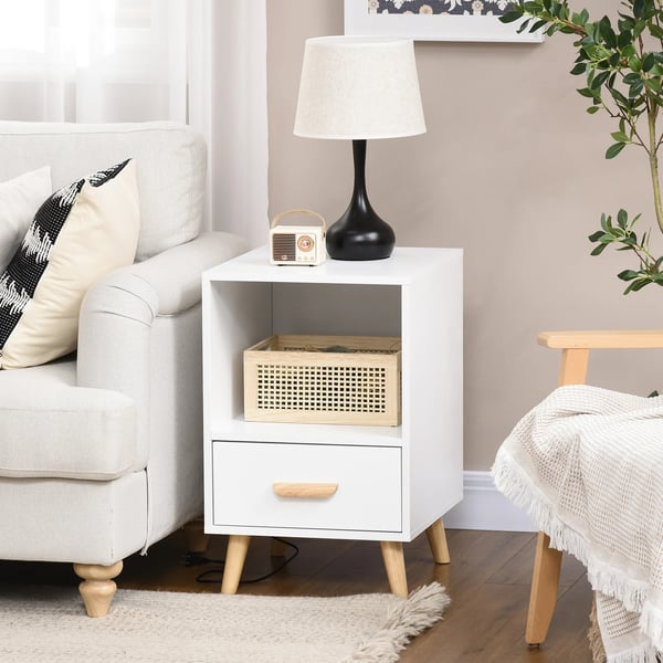 Sidobord - Nattduksbord - Med 1 låda och förvaringsfack - Antik stil - 40x40x62 cm - MDF & gummiträ - Vit