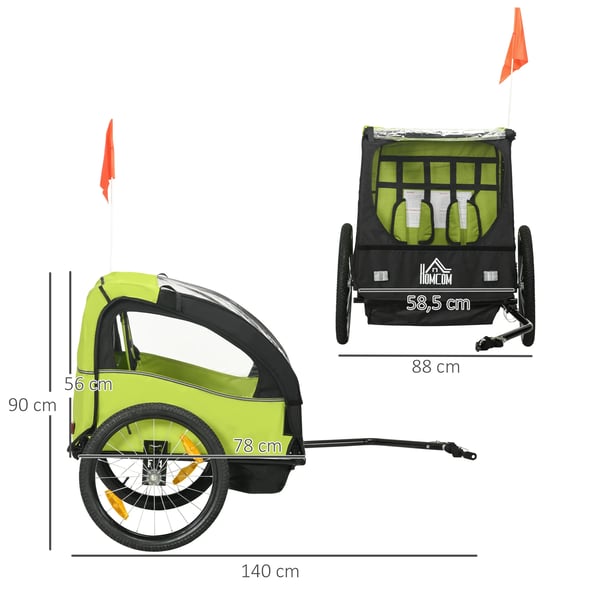 Cykelvagn för barn - 2-sits - Från 18 månader - Metallram - 140x88x90 cm - Grön