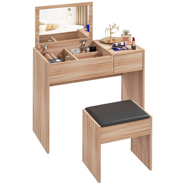 Sminkbord - Toalettbord - Med Spegel - Med Pall - Förvaringslådor - Naturbrun