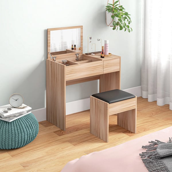 Sminkbord - Toalettbord - Med Spegel - Med Pall - Förvaringslådor - Naturbrun
