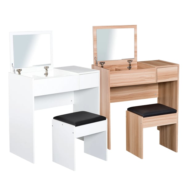 Sminkbord - Toalettbord Set - Med Spegel - Pall Ingår - Förvaringslådor - Vit
