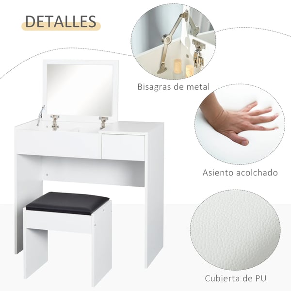 Sminkbord - Toalettbord Set - Med Spegel - Pall Ingår - Förvaringslådor - Vit