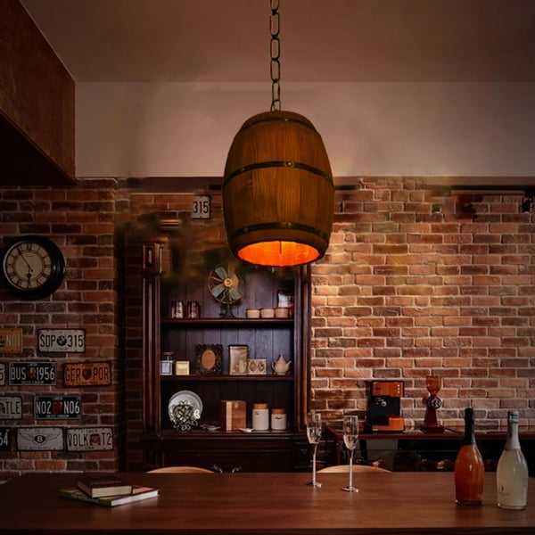 Retro træ vinfad pendellampe, industriel loftlampe, orange lampeskærm til bar, café, restaurant og hjem