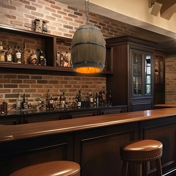 Retro træ vinfad pendellampe, industriel loftlampe, orange lampeskærm til bar, café, restaurant og hjem