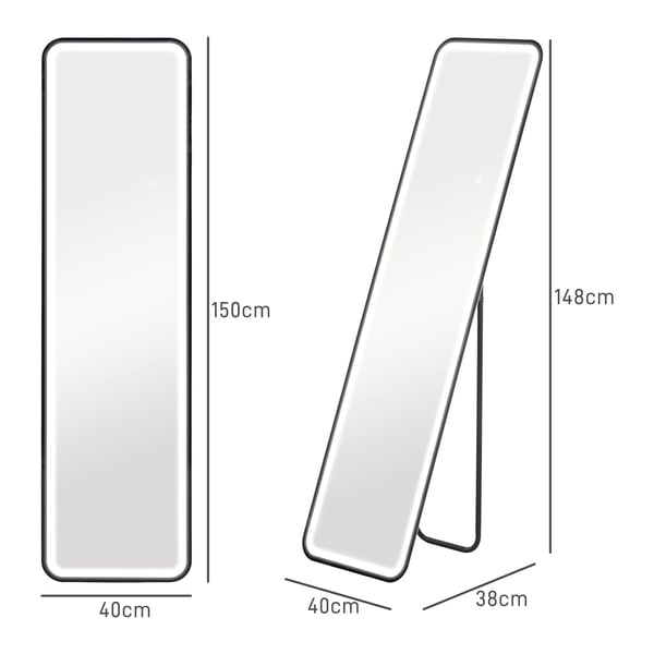 Helkroppsspegel - LED-spegel - 150x40 cm - Ramlös - Batteri ingår ej - Svart