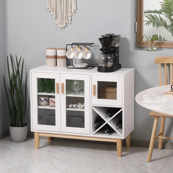 Köksskänk - Sideboard - 3 glasdörrar - Vinställ - 90x37x75 cm - Melamin & furu - Modern stil - Naturträ & vit