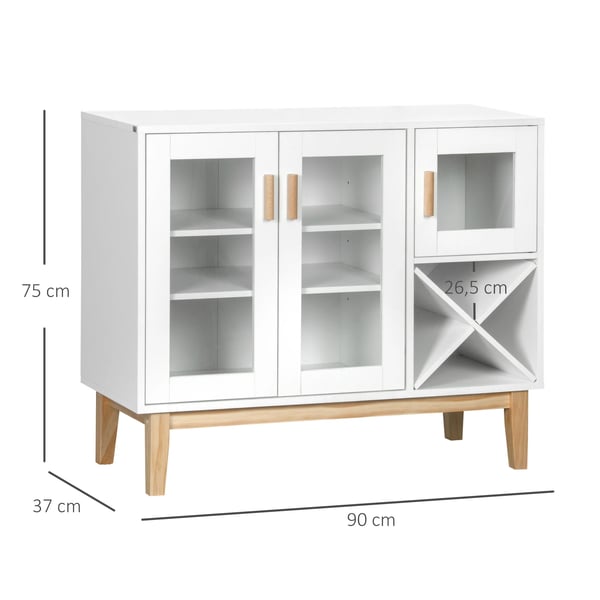 Köksskänk - Sideboard - 3 glasdörrar - Vinställ - 90x37x75 cm - Melamin & furu - Modern stil - Naturträ & vit