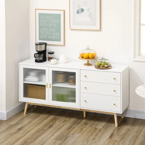 Sideboard / Skänk - Vardagsrumsskåp - Två Glasdörrar - Tre Lådor - Mått 160x40x80 cm - MDF, Glas, Gummiträ - Vit