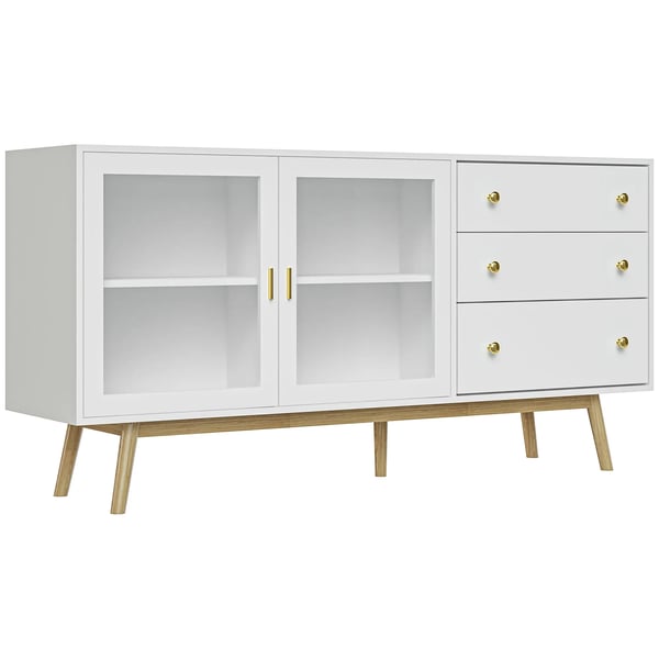 Sideboard / Skänk - Vardagsrumsskåp - Två Glasdörrar - Tre Lådor - Mått 160x40x80 cm - MDF, Glas, Gummiträ - Vit