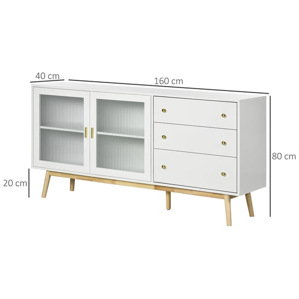 Sideboard / Skänk - Vardagsrumsskåp - Två Glasdörrar - Tre Lådor - Mått 160x40x80 cm - MDF, Glas, Gummiträ - Vit