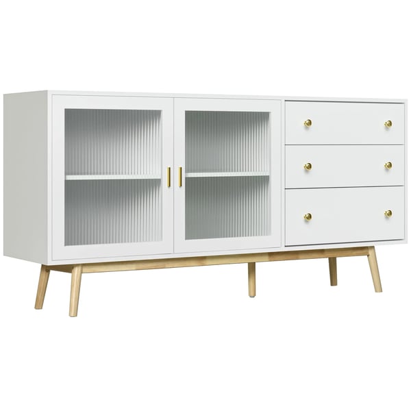 Sideboard / Skänk - Vardagsrumsskåp - Två Glasdörrar - Tre Lådor - Mått 160x40x80 cm - MDF, Glas, Gummiträ - Vit