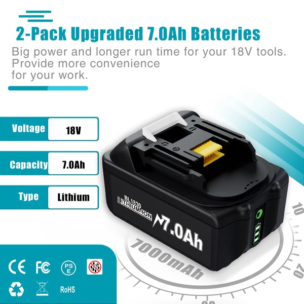Kompatibelt 18V-batteri til Makita LXT, BL1830/BL1860, 7000 mAh Li‑ion 18650, sort