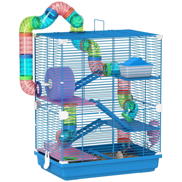 Hamsterbur - Metallbur - Med tunnel och drickskål - 46×30×58 cm - Blå