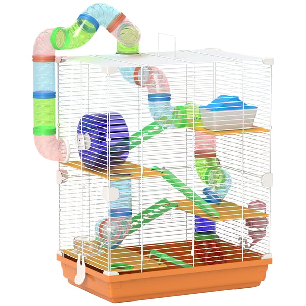 Hamsterbur - Smådjursbur - Metall - Med tunnel och vattenskål - 46×30×58 cm - Orange