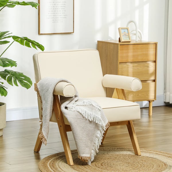 Loungestol i PU-läder - Fåtölj för vardagsrum - Med armstöd - Maxbelastning 120 kg - Modern stil - Montering krävs - Beige